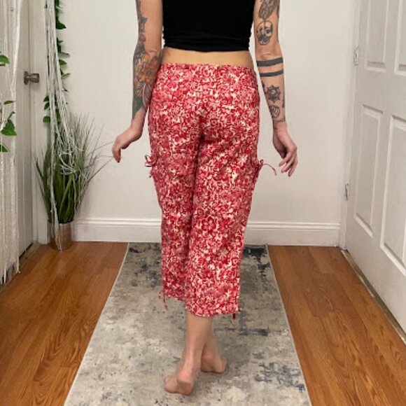 Marella Mid Rise Floral Crop Cargo Pants Tie-Waist Straight Leg Size 10 Red - Picture 7 of 12